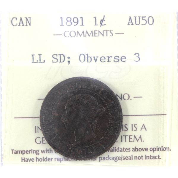 1891 LL SD, Obverse 3, Canada 1-cent ICCS Certified AU-50