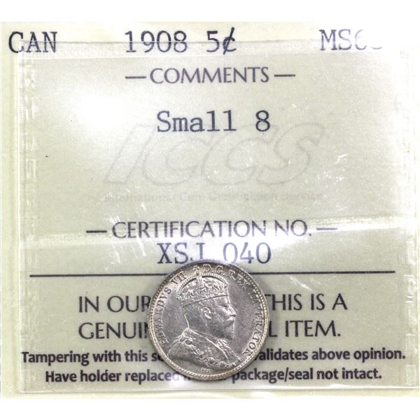 1908 Small 8, Canada 5-cent ICCS Certified MS-63