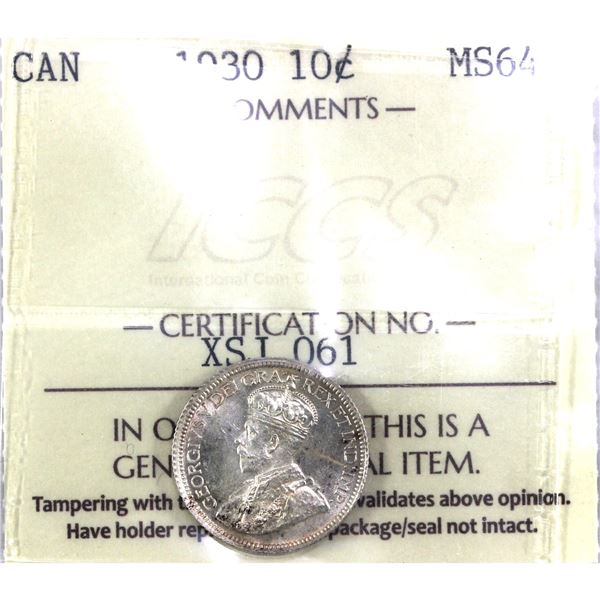 1930 Canada 10-cent  ICCS Certified MS-64