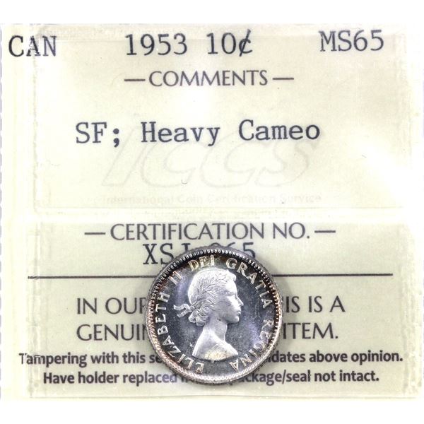 1953 SF, Canada 10-cent  ICCS Certified MS-65, Heavy Cameo