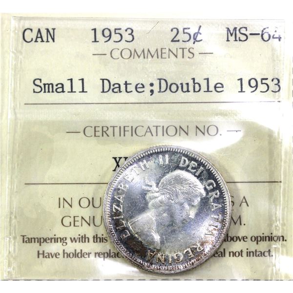 1953 Small Date, Double 1953, Canada 25-cent ICCS Certified MS-64