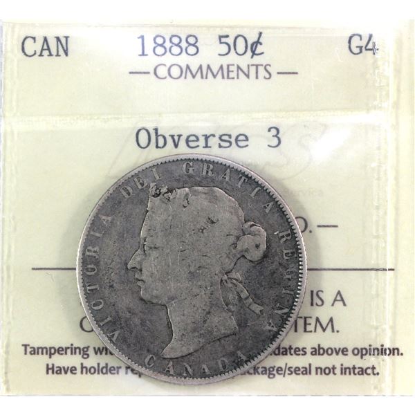 1888 Obverse 3, Canada 50-cent ICCS Certified G-4