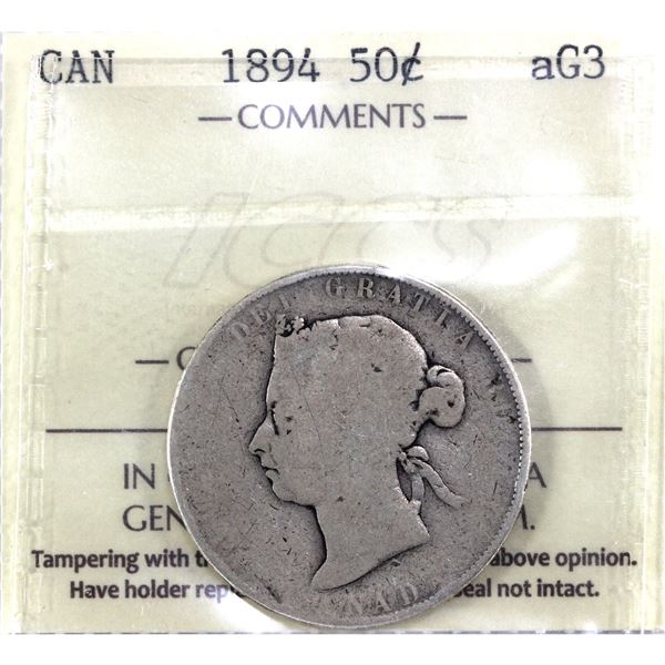 1894 Canada 50-cent ICCS Certified AG-3