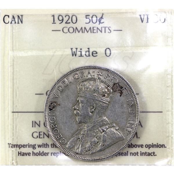 1920 Wide 0, Canada 50-cent ICCS Certified VF-30
