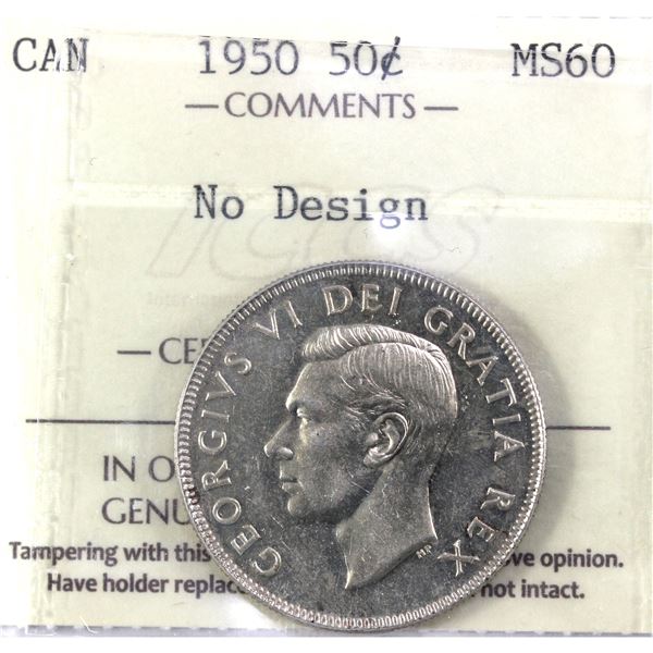 1950 No Design, Canada 50-cent ICCS Certified MS-60