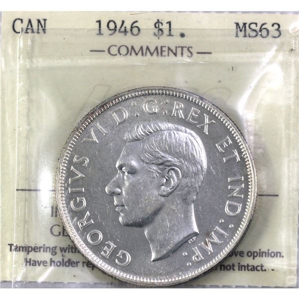 1946 Canada Silver Dollar  ICCS Certified MS-63