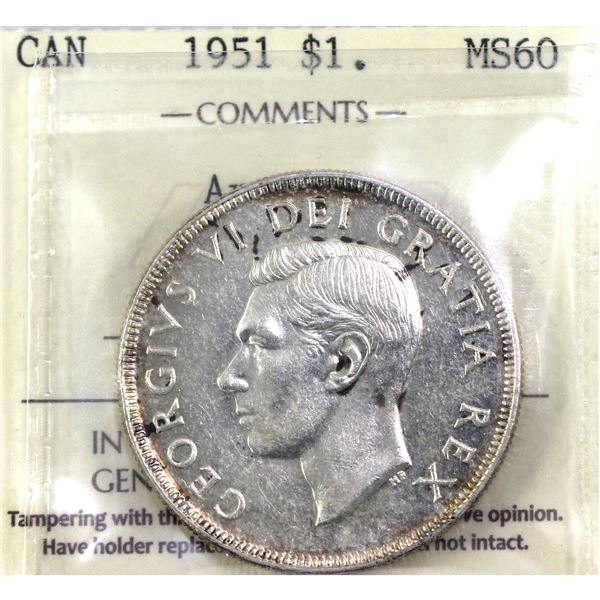 1951 Arnprior, Canada Silver Dollar  ICCS Certified MS-60