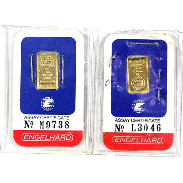 Vintage 1 Gram Engelhard .9999 Fine Gold Bars in Assay Certificates. 2pcs (Tax Exempt)