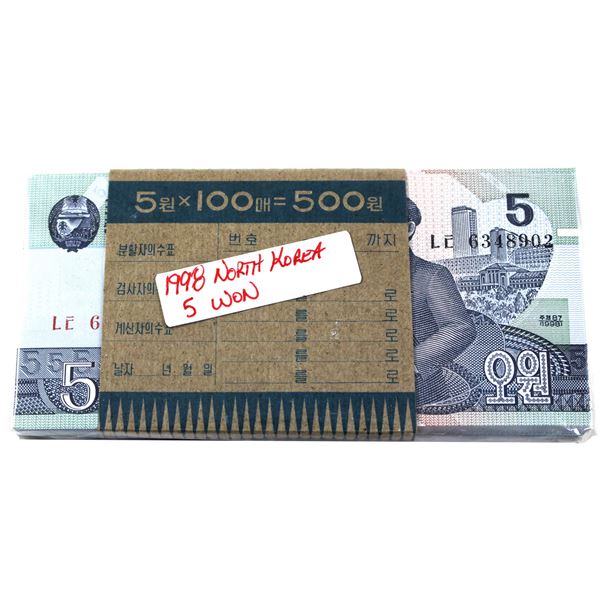 Uncirculated Bundle of 1998 North Korean 5 Won Banknotes. 100pcs