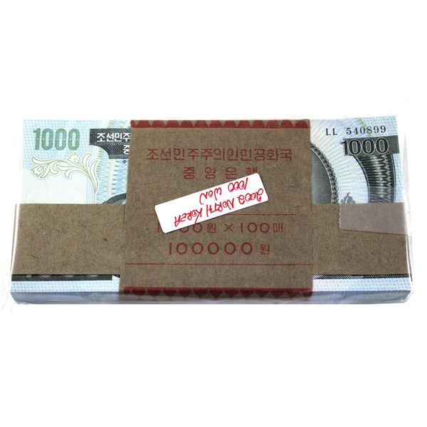 Uncirculated Bundle of 2002 North Korean 1000 Won Banknotes. 100pcs