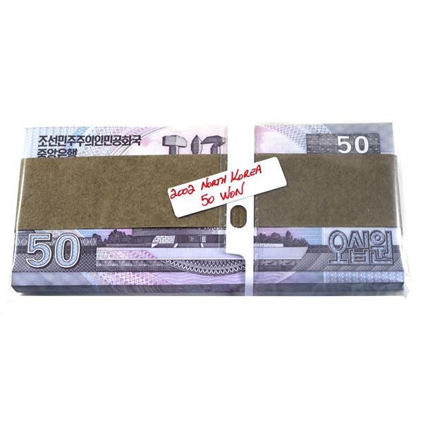 Uncirculated Bundle of 2002 North Korean 50 Won Banknotes. 100pcs