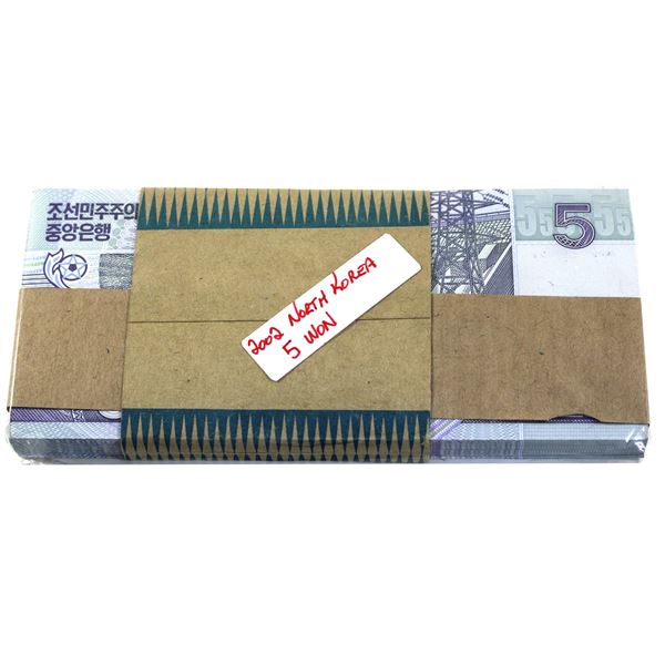 Uncirculated Bundle of 2002 North Korean 5 Won Banknotes. 100pcs