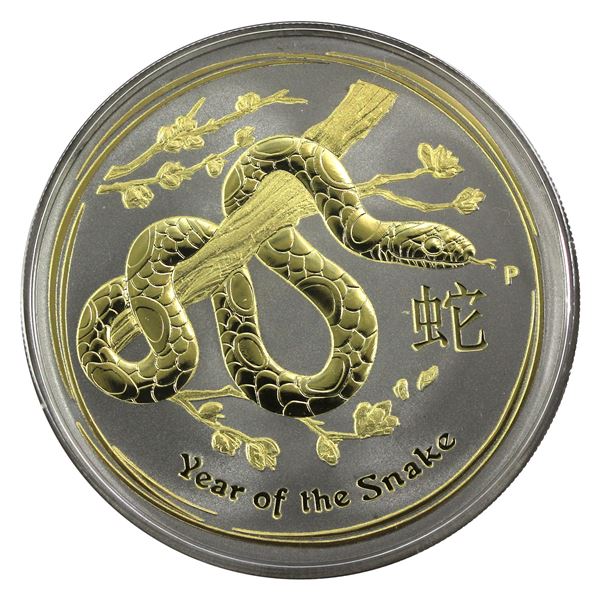 2013 Australia 1oz Year of the Snake Fine Silver Ruthenium & Gold Plated Coin. (Tax Exempt)