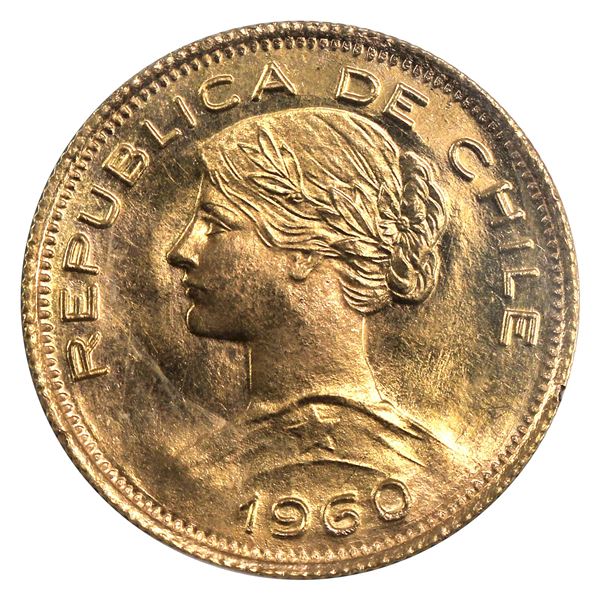 1960 Chile 100 Pesos Gold Proof. Contains 0.589oz fine gold.
