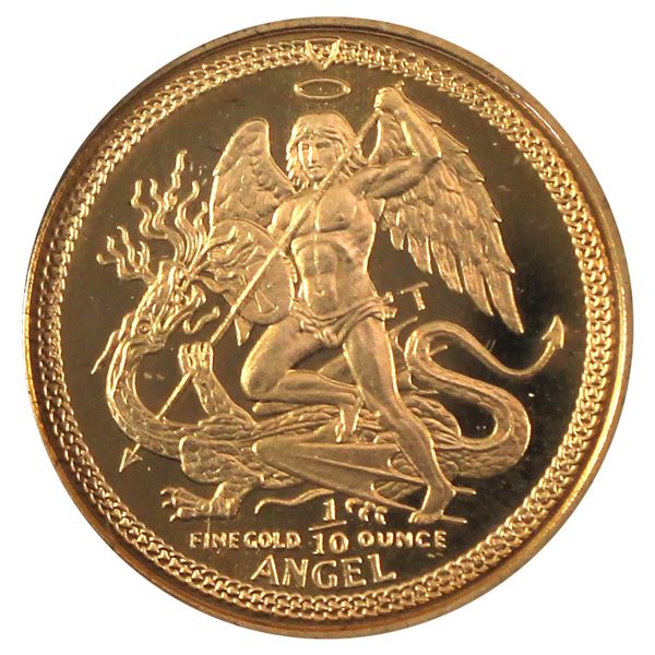 1986 Isle of Man 1/10oz Angel Fine Gold Coin Encapsulated in Original Pobjoy Mint Display Box. (Tax 