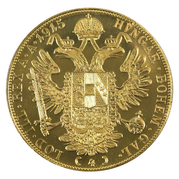 1915 Austria 4 Ducat Gold Proof (Scratched). Contains 0.4427oz fine gold.