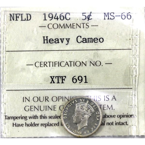 Newfoundland 5-cent 1946C ICCS Certified MS66 Heavy Cameo!