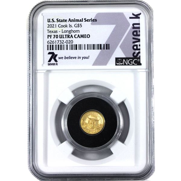 2021 Cook Islands US State Animals $5 Texas Longhorn 0.5g Fine Gold NGC Certified PF-70 Ultra Cameo.