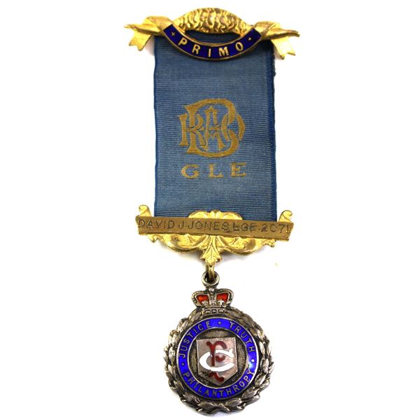1923 Royal Antediluvian Order of Buffaloes David J. Jones Lodge Fraternal Sterling Medal & Ribbon.