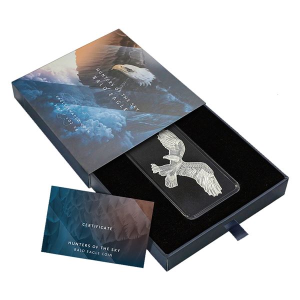 2019 Solomon Islands Hunters of the Sky Series 1oz Fine Silver Bald Eagle Shaped Coin. (Tax Exempt)