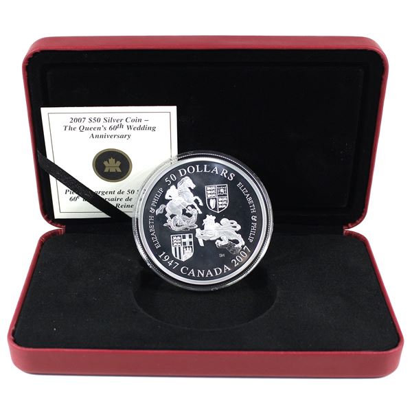 2007 Canada $50 Queen's 60th Wedding Anniversary 5oz Fine Silver Coin. (Tax Exempt)