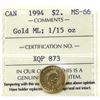 Image 1 : 1994 $2 Gold 1/15oz. Scarce One Year Issue Gold Maple Leaf ICCS Certified MS66 (Tax Exempt)
