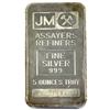 Image 1 : Johnson Matthey 5oz Fine Silver Bar with Blank Reverse (Tax Exempt). Serial # 008569. This 5oz examp