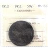 Image 1 : NFLD 50-cent 1911 ICCS Certified MS63.  Clean mint state fields on darker toned surfaces.