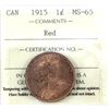 Image 1 : 1-cent 1915 ICCS Certified MS65 Red. An original red coin with satin finishes.  *Scarce in higher gr