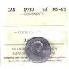 Image 1 : 5-cent 1939 ICCS Certified MS65. Strong Strike Details.