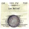 Image 1 : 25-cent 1951 Low Relief ICCS Certified PL66. Attractive Natural Toning in Gold & Violet Hues