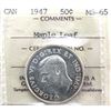 Image 1 : 50-cent 1947 Maple Leaf ICCS Certified MS65. In old embossed 2 letter holder. An exceptionally stunn