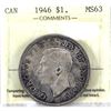 Image 1 : Silver $1 1946 ICCS Certified MS63. Attractive Coin Featuring Mauve and Gold Hues Throughout