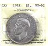 Image 1 : Silver $1 1948 ICCS Certified MS62. *Key Date* A Bright Well Struck Coin.
