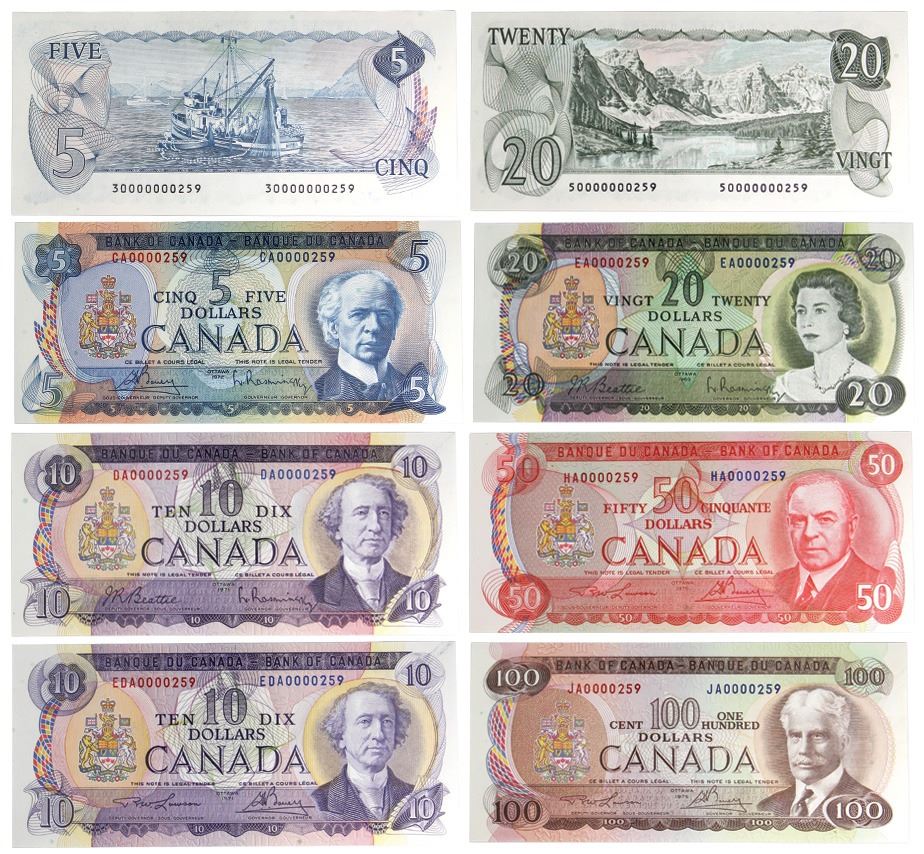 Set of 8 Matching Multicoloured Low Serial # Notes N5-iii (S/N: 0000259 ...