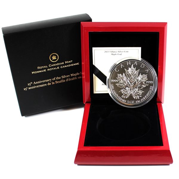 RCM Issue: 2013 Canada $50 Silver Maple Leaf 25th Anniversary 5oz Fine Silver Coin (capsule lightly 