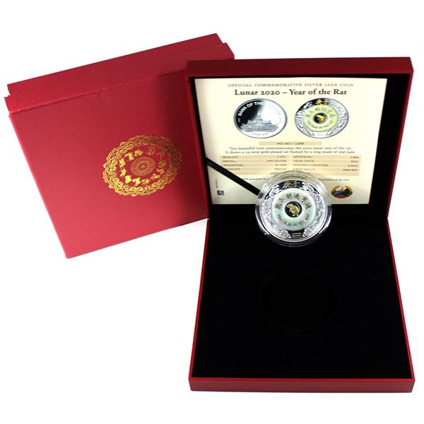 2020 Laos 2000 Kip Year of the Rat 2oz Fine Silver Coin with Jade Ring Insert (Tax Exempt)