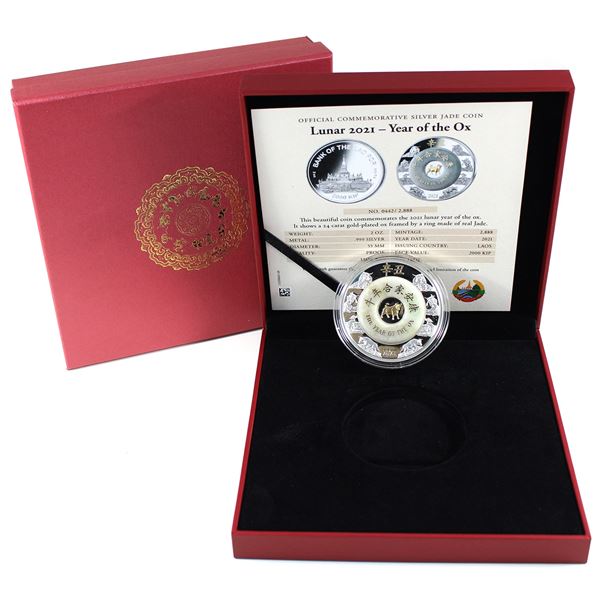 2021 Laos 2000 Kip Year of the Ox 2oz Fine Silver Coin with Jade Ring Insert (Tax Exempt)