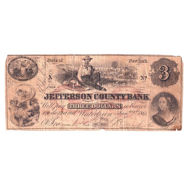 1864 USA $3 State of New York, Jefferson County Bank Note.