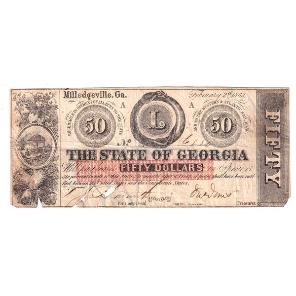 1863 USA $50 Milledgeville State of Georgia Note.