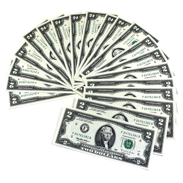 20x USA 1995 $2 Banknotes with Consecutive Serial Numbers F24761381B-400B, UNC. 20pcs