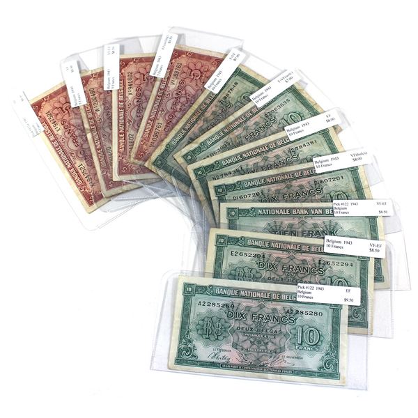11x 1943 Belgium WWII Notes in EF to F-VF - 7x 10 Franc & 4x 5 Franc. 11pcs