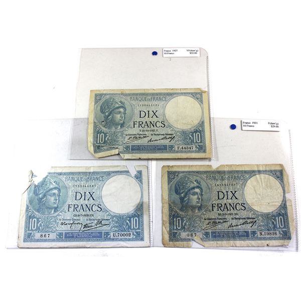 1927, 1931 & 1939 France 10 Francs Banknotes Fine or VF (Damaged). 3pcs