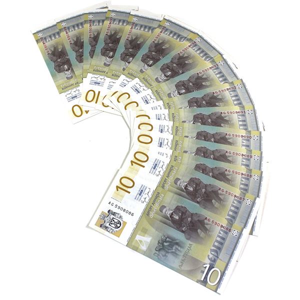 2006 Serbia 10 Dinara Banknotes with Consecutive Serial Numbers AG5908086-100, UNC. 15pcs
