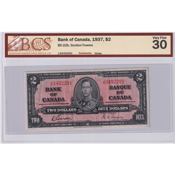 BC-22b 1937 Canada $2, Gordon-Towers, J/B3452291, BCS Certified VF-30 (4 minor holes).