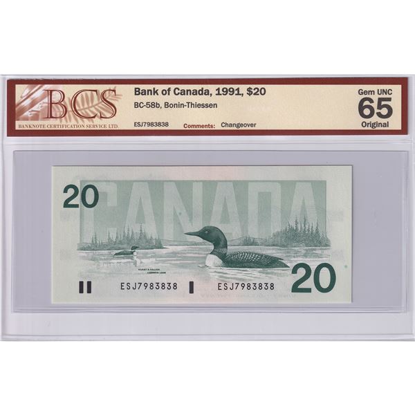 BC-58b 1991 Canada $20, Bonin-Thiessen, Changeover, ESJ7983838, BCS Certified GUNC-65 Original.