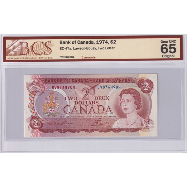 BC-47a 1974 Canada $2, Lawson-Bouey, BV8764904, BCS Certified GUNC-65 Original.