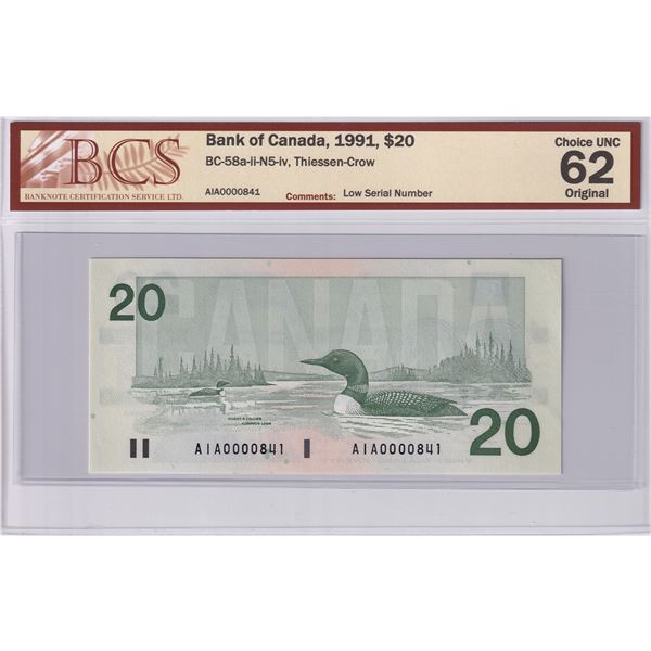 BC-58a-ii-N5-iv 1991 $20, Thiessen-Crow, Low Serial # AIA0000841, BCS Certified CUNC-62 Original.
