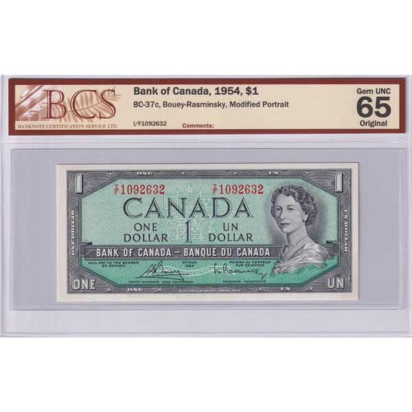 BC-37c 1954 Canada $1, Bouey-Rasminsky, I/F1092632, BCS Certified GUNC-65 Original.