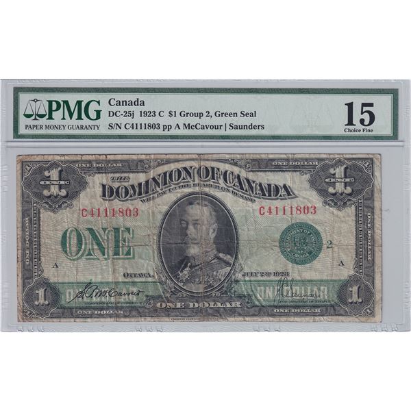 DC-25j 1923 Dominion $1, McCavour-Saunders, Group 2, Green Seal, C4111803, PMG Certified F-15.